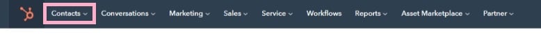 Hubspot Menu Bar with Contact Section Highlighted